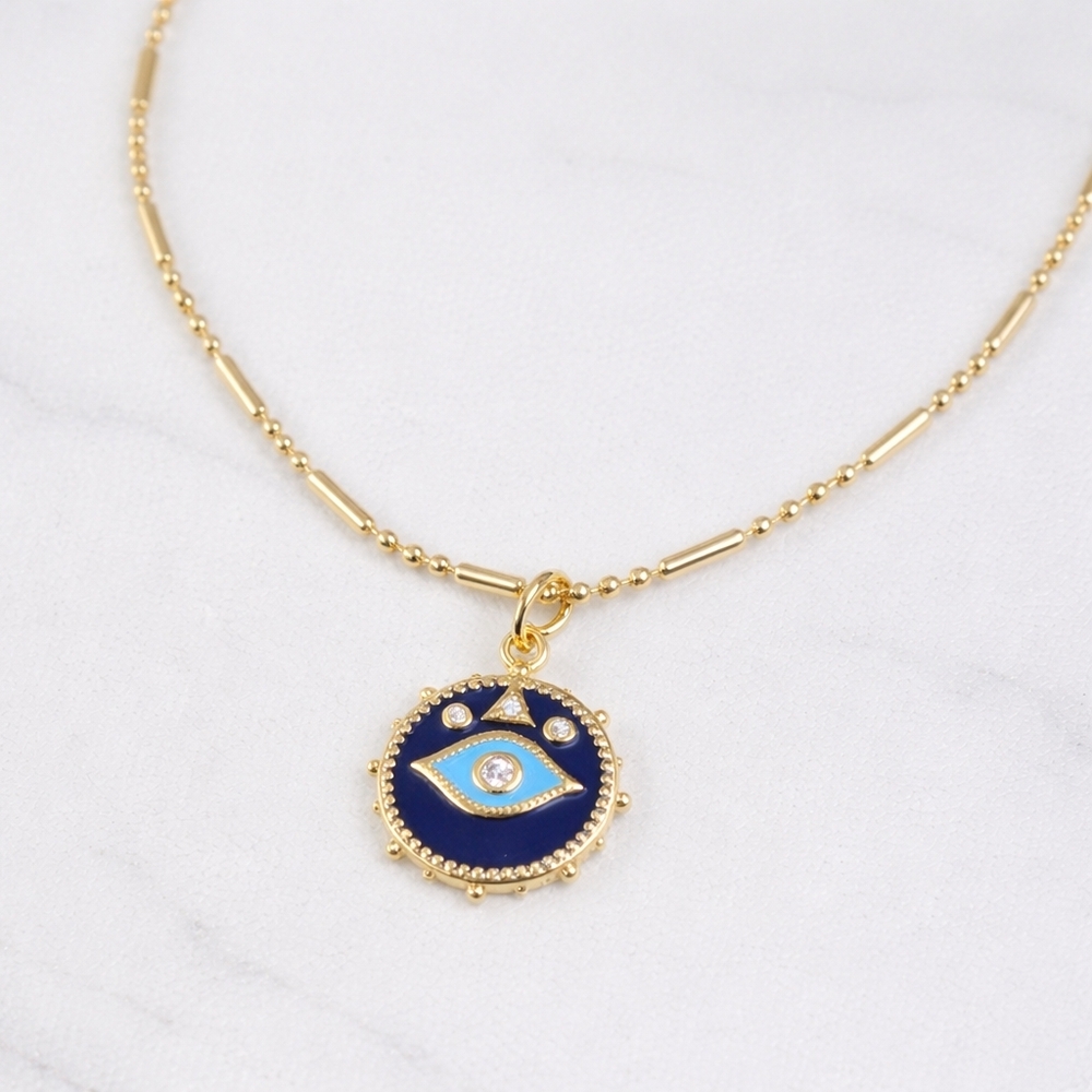 Evil Eye Necklace | Pave CZ Pendant | Ball & Column Link Chain | 18k Gold Plated